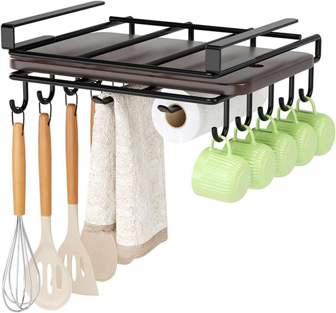 Multifunctional under cabinet cutting board holder with hooks for mugs and utensils, maximizing kitchen storage.