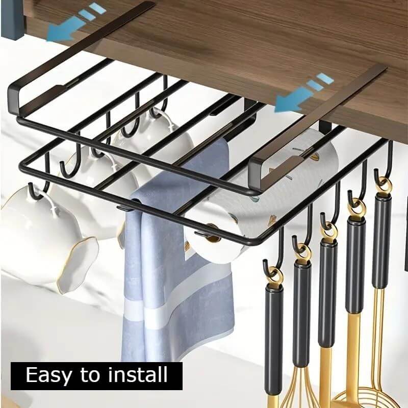 Multifunctional under cabinet cutting board metal holder organiser with hooks, easy to install, maximizing kitchen space.