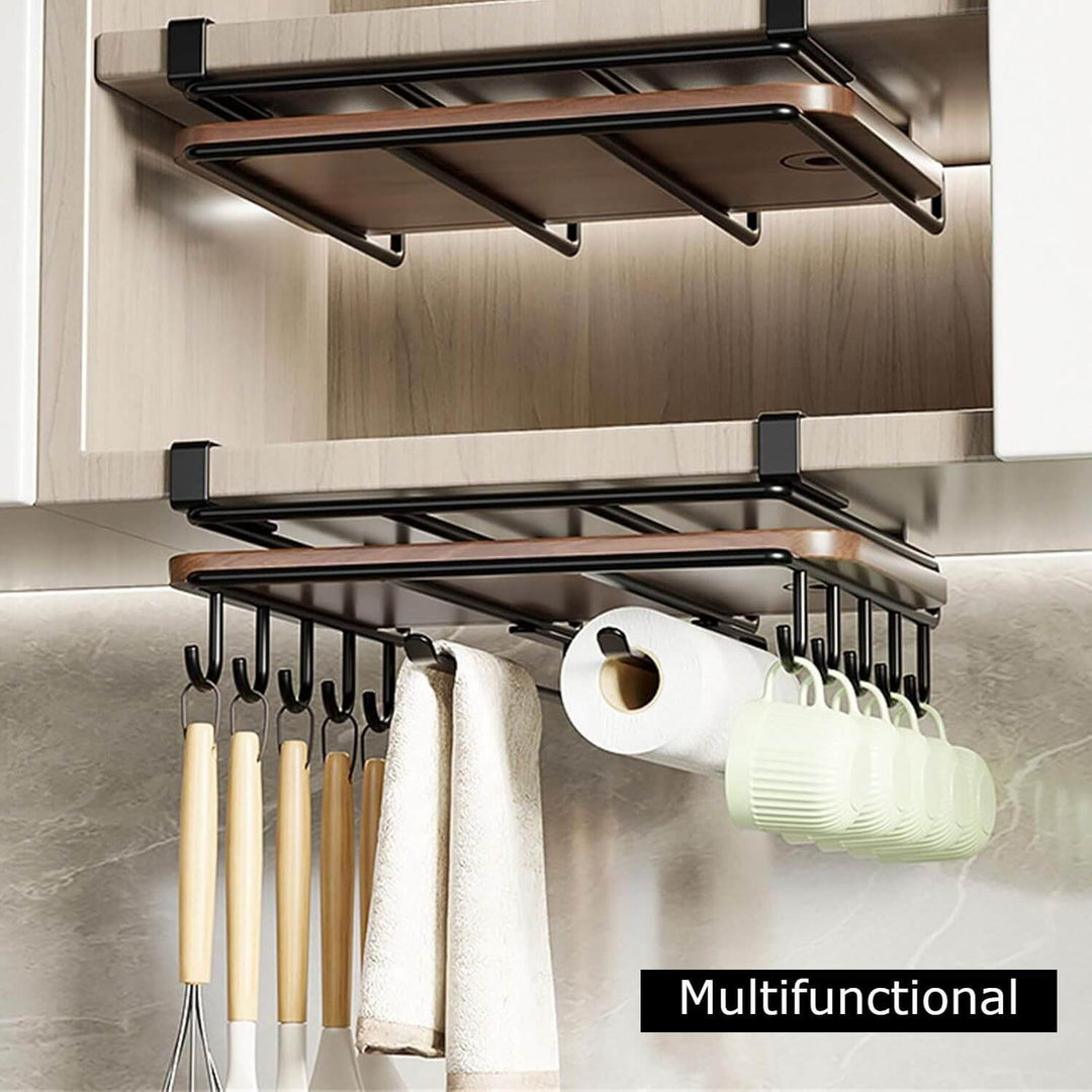 Multifunctional under cabinet cutting board metal holder organizer with hooks for kitchen utensils and mugs.