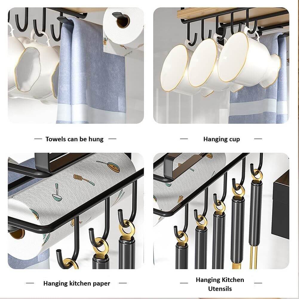 Multifunctional under cabinet organiser with hooks for cups, towels, paper rolls, and kitchen utensils.