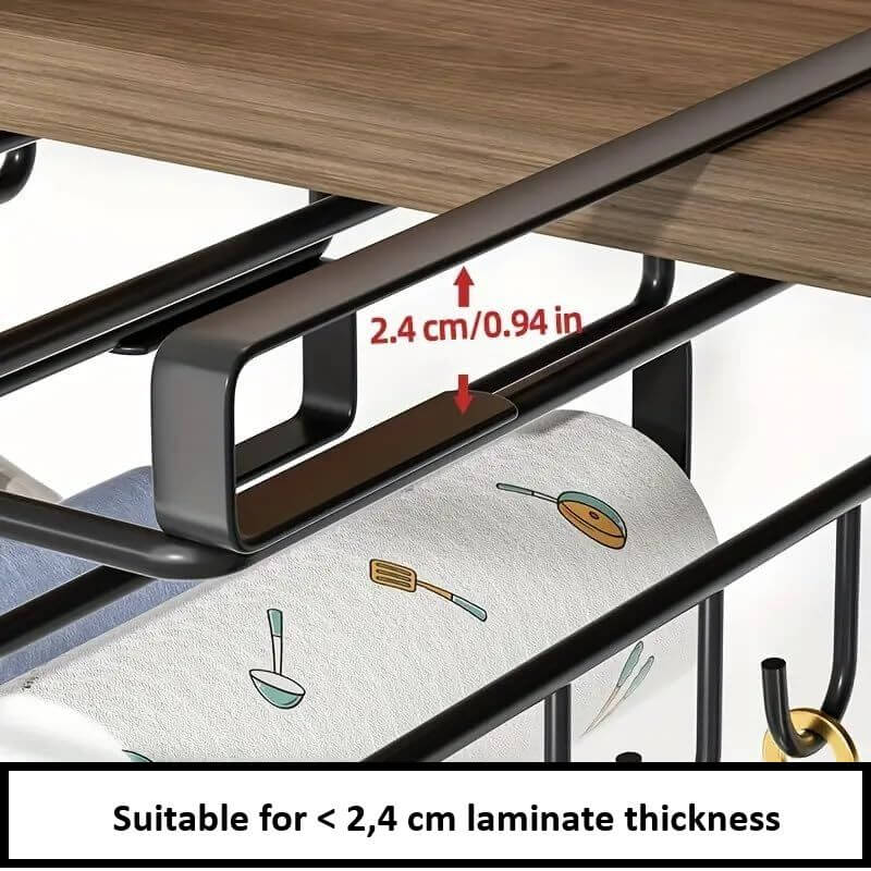 Under cabinet metal holder with measurement showing suitability for < 2.4 cm laminate thickness