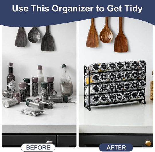 Before and after image of a spice rack organizer with jars, demonstrating a tidy kitchen countertop.