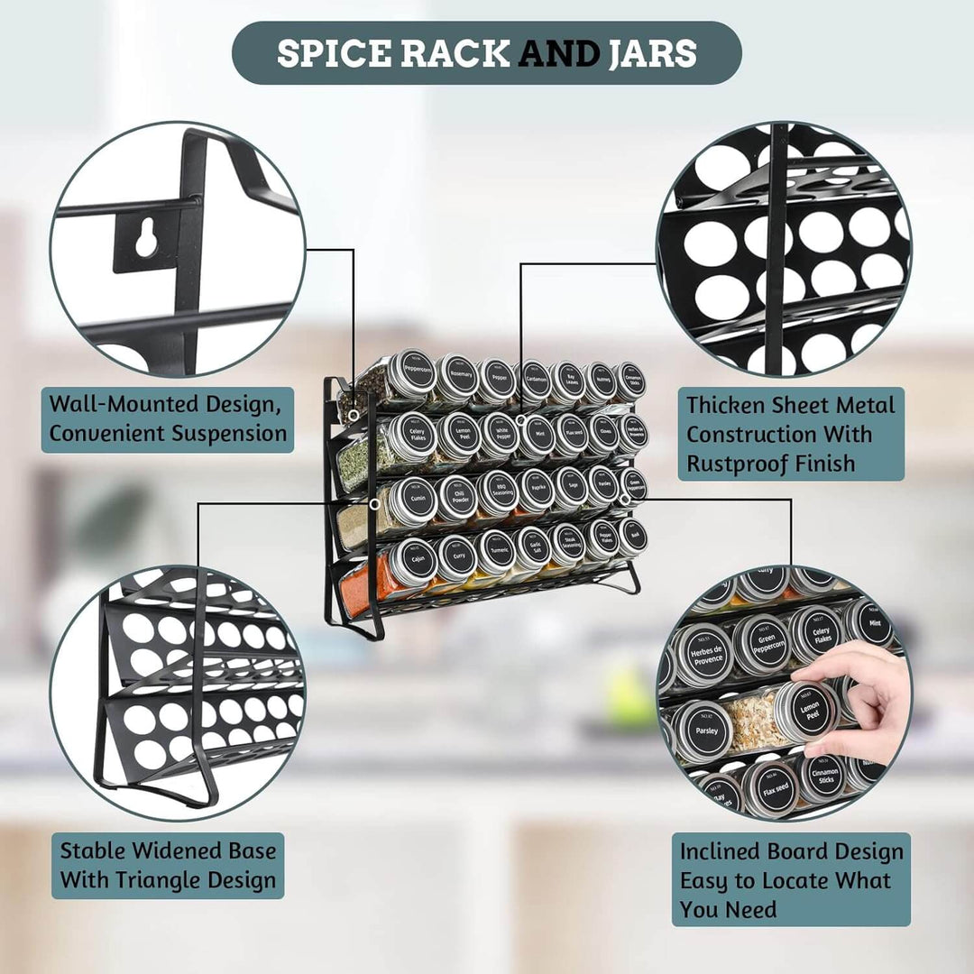 4-tier spice rack organizer with 28 glass jars, labels, funnel, matte finish, and wall-mounted design for kitchen.