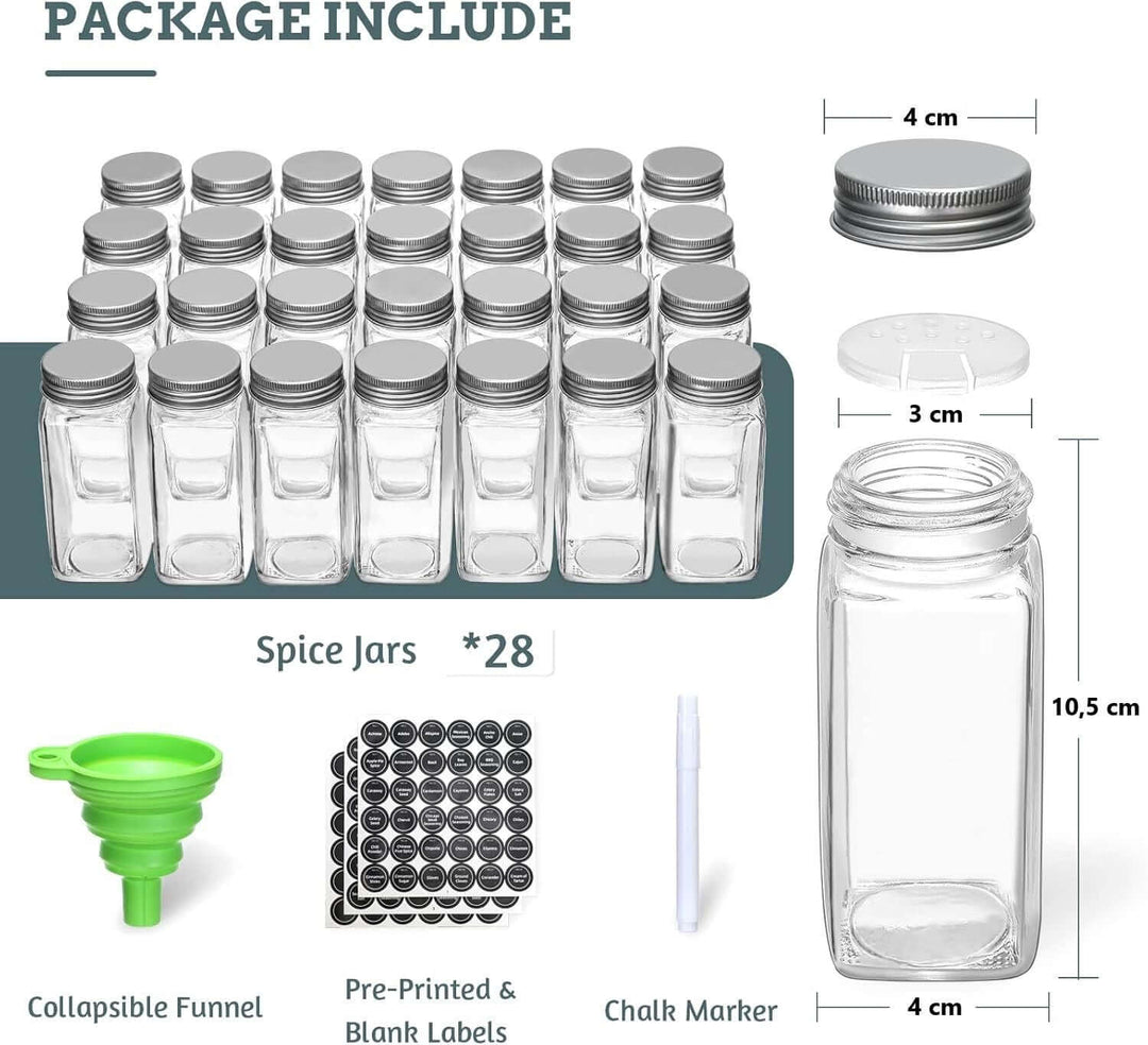 28 glass spice jars, funnel, labels, and marker for affordable spice organization in the kitchen.