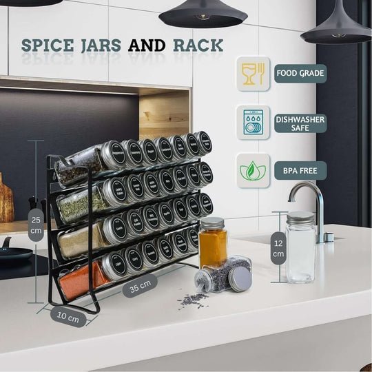 Affordable spice rack organizer featuring 28 BPA-free spice jars, food grade, and dishwasher safe for kitchen countertops.