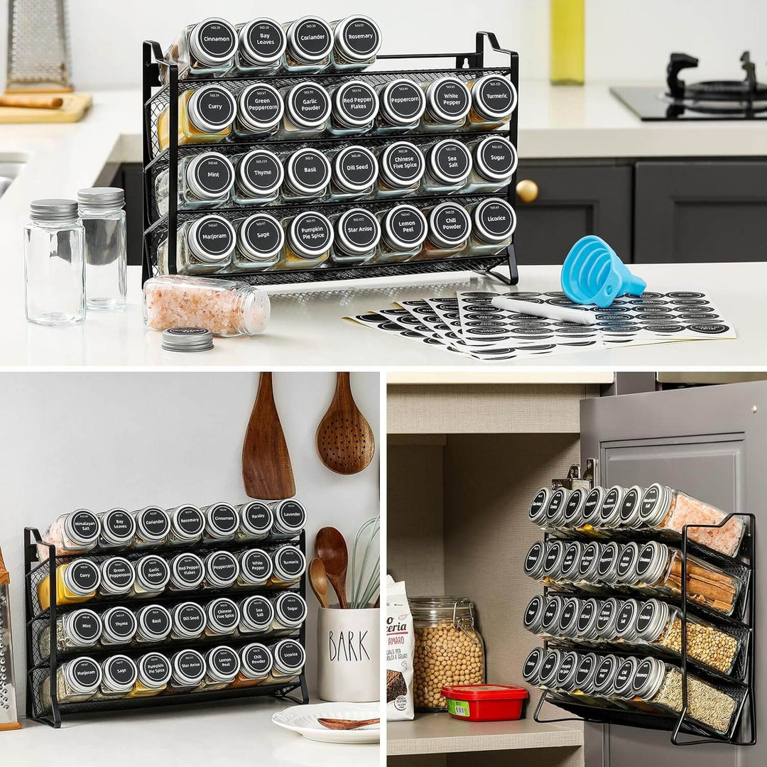 4-tier spice rack organizer with 28 glass jars, labels, funnel, and marker for easy kitchen storage.