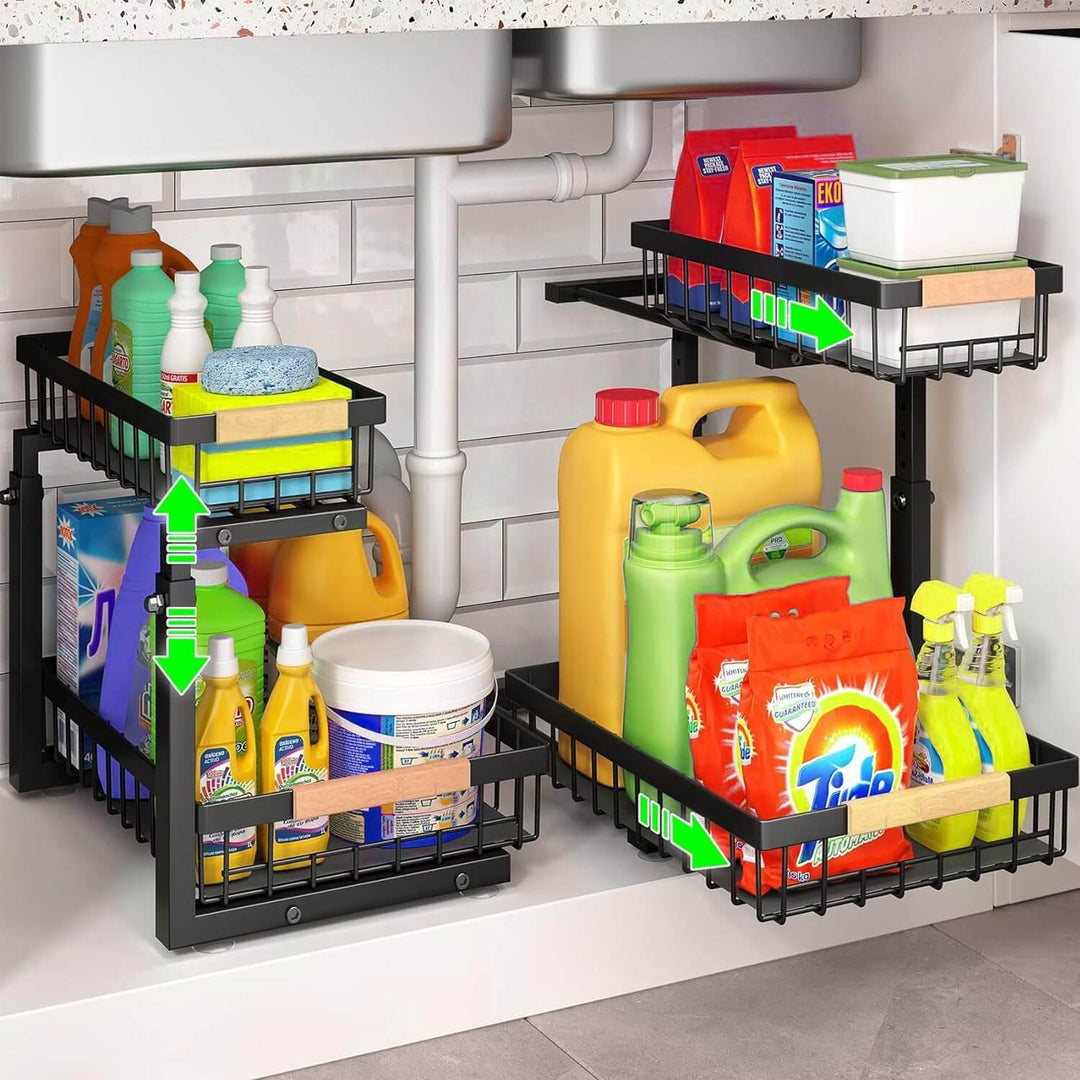 2-tier under sink organiser storage with sliding baskets, adjustable height, and suction cups for easy access.