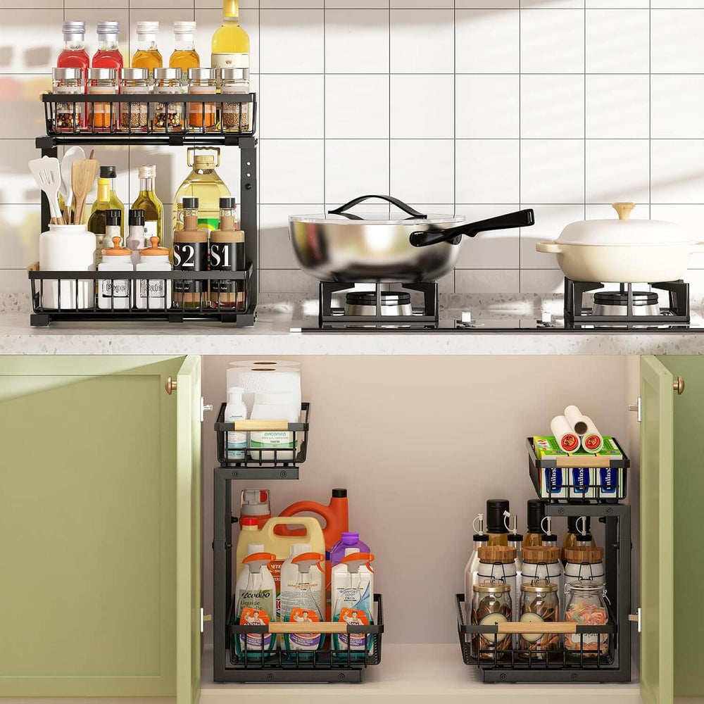 2-tier kitchen under sink organizer with sliding baskets on countertop and inside cabinet for efficient storage.