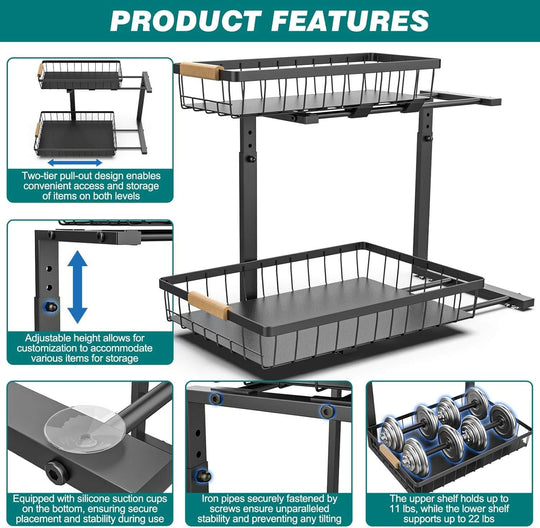 2-tier kitchen under sink organizer with sliding baskets, adjustable height, and suction cups for stability and convenience.