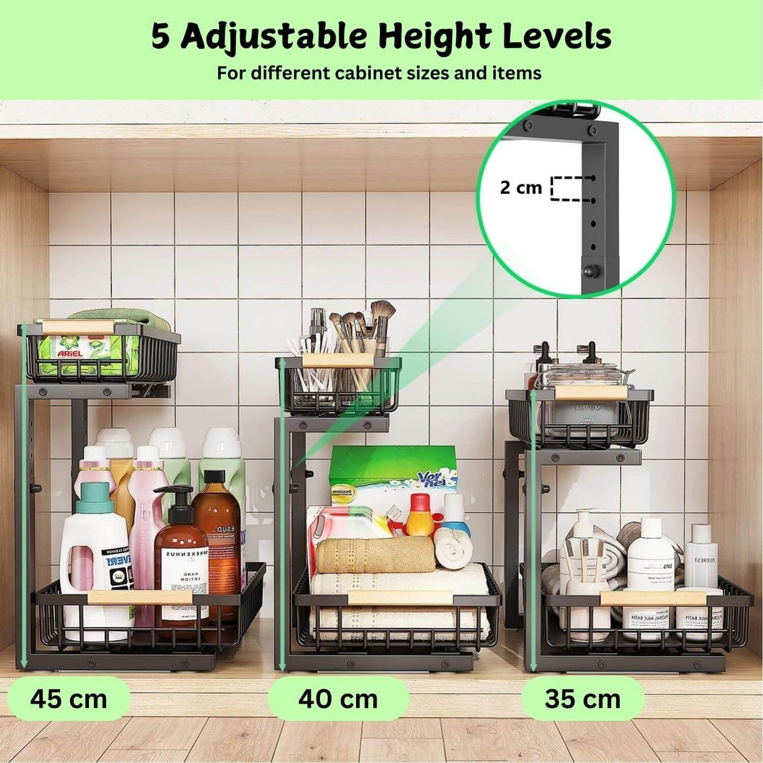 2-Tier Kitchen Under Sink Organizer showing 5 adjustable height levels for versatile cabinet storage solutions.