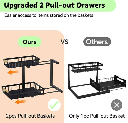 Comparison of upgraded 2-tier under sink organizer with pull-out drawers versus a single basket model for easier access.