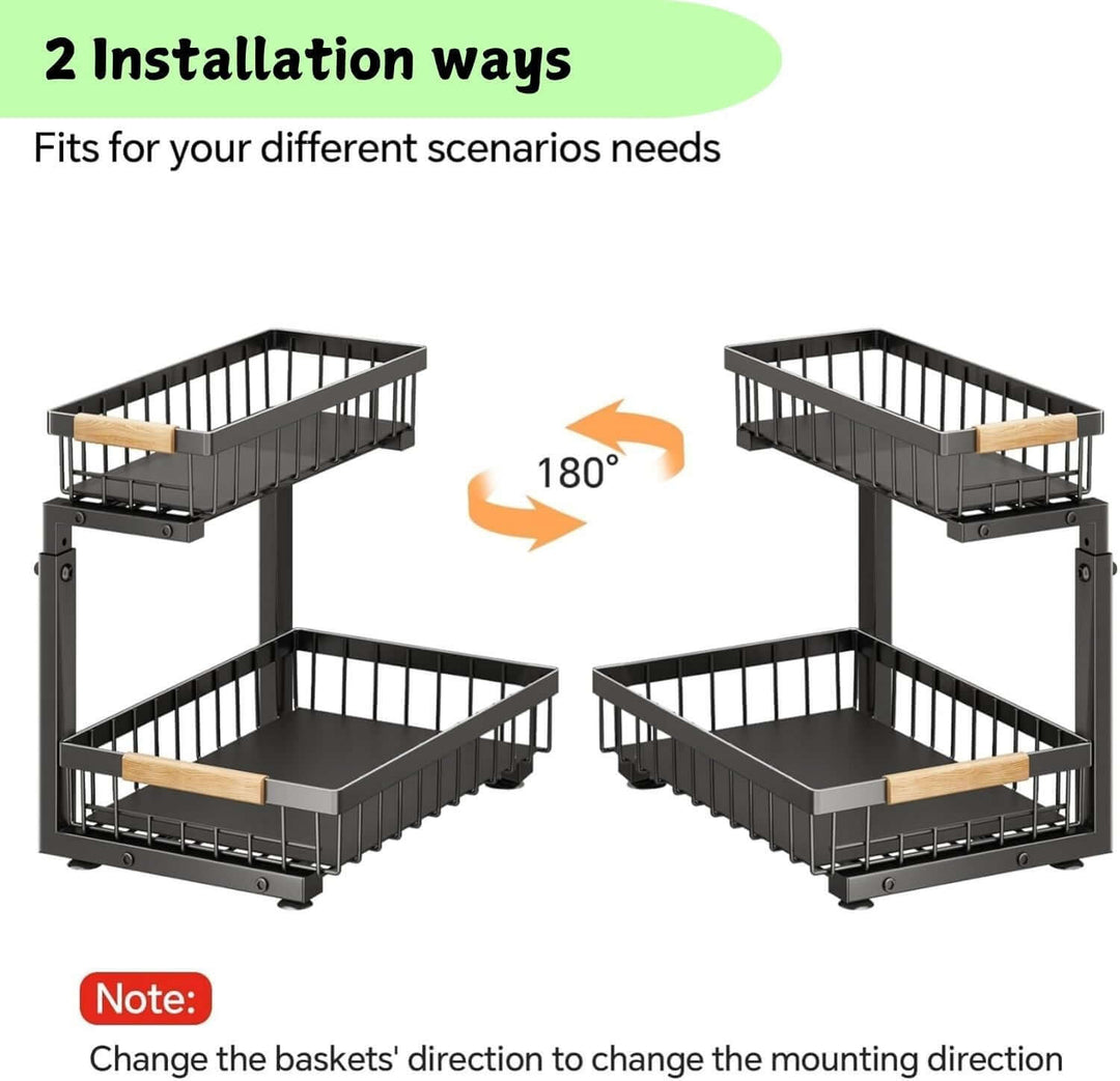 2-tier under sink organiser with adjustable installation options for versatile storage solutions.