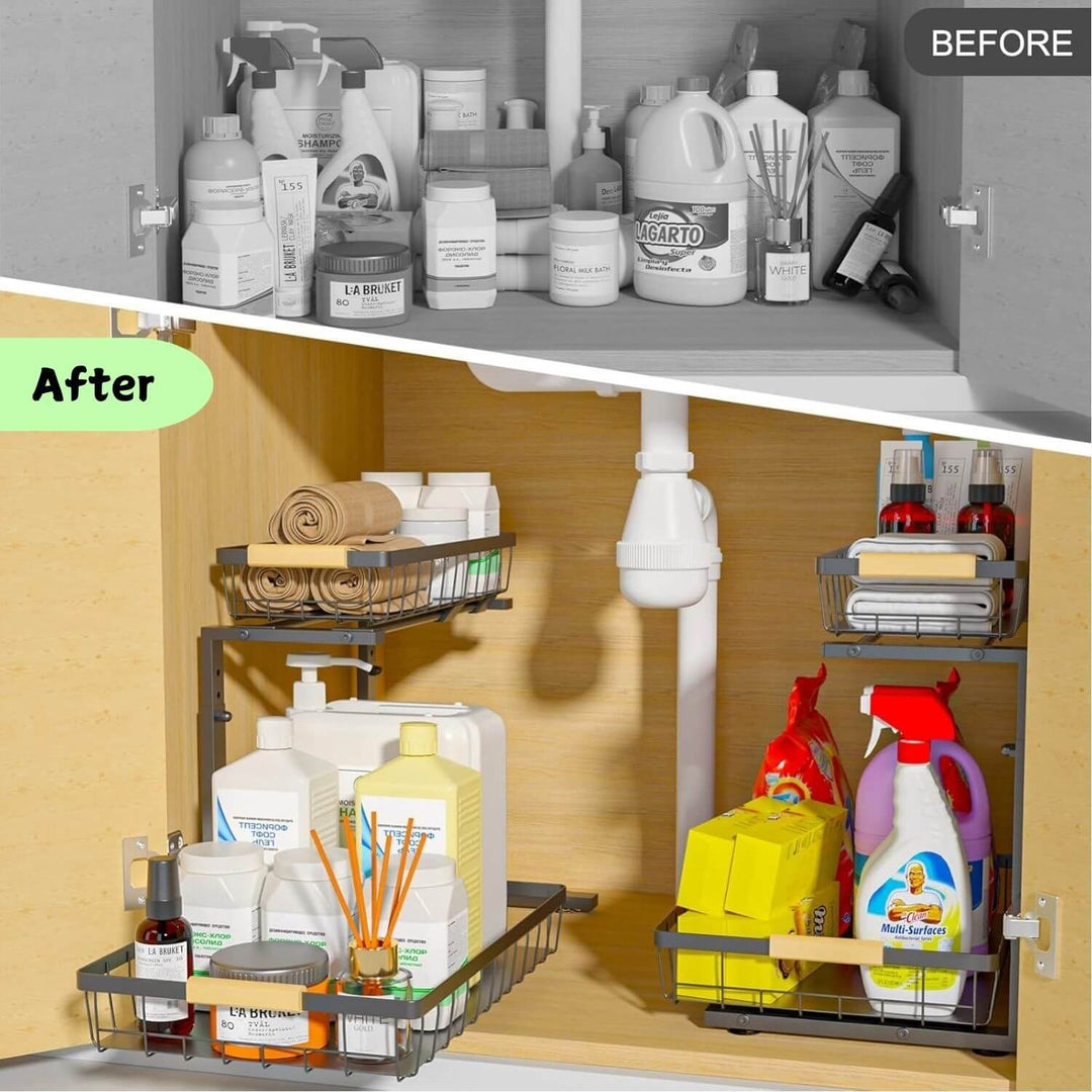 Before and after comparison of kitchen under sink organizer, showcasing cluttered vs organized storage space.