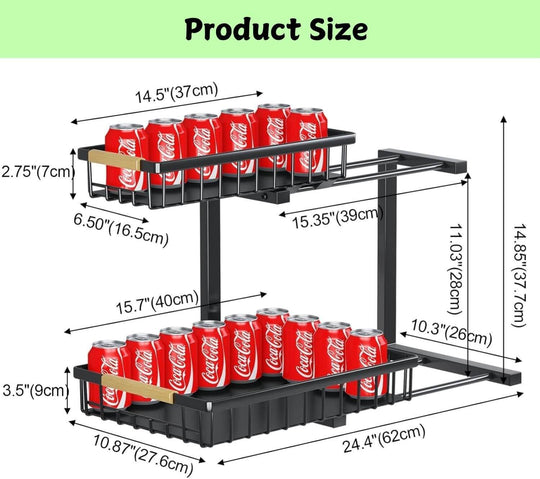 2-Tier Kitchen Under Sink Organizer dimensions with cans, showcasing height, length, and adjustable features for storage efficiency.