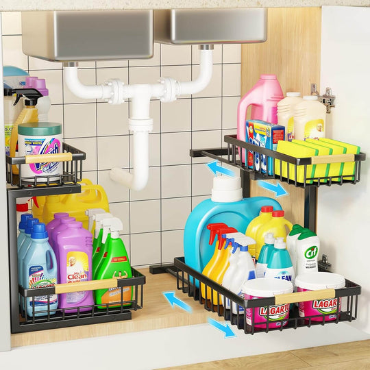 2-tier kitchen under sink organizer with sliding baskets and adjustable rails, showcasing affordable and quality storage solutions.