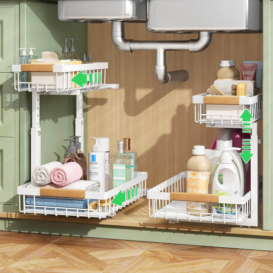 2-Tier under sink organizer with sliding baskets for efficient storage, featuring adjustable height and suction cups, ideal for DIY.