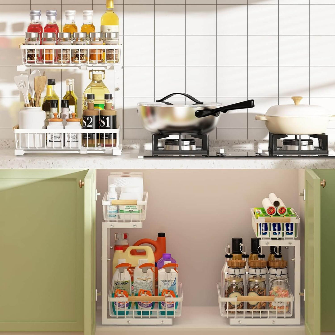 2-tier kitchen under sink organizer with sliding baskets, maximizing storage space and accessibility.