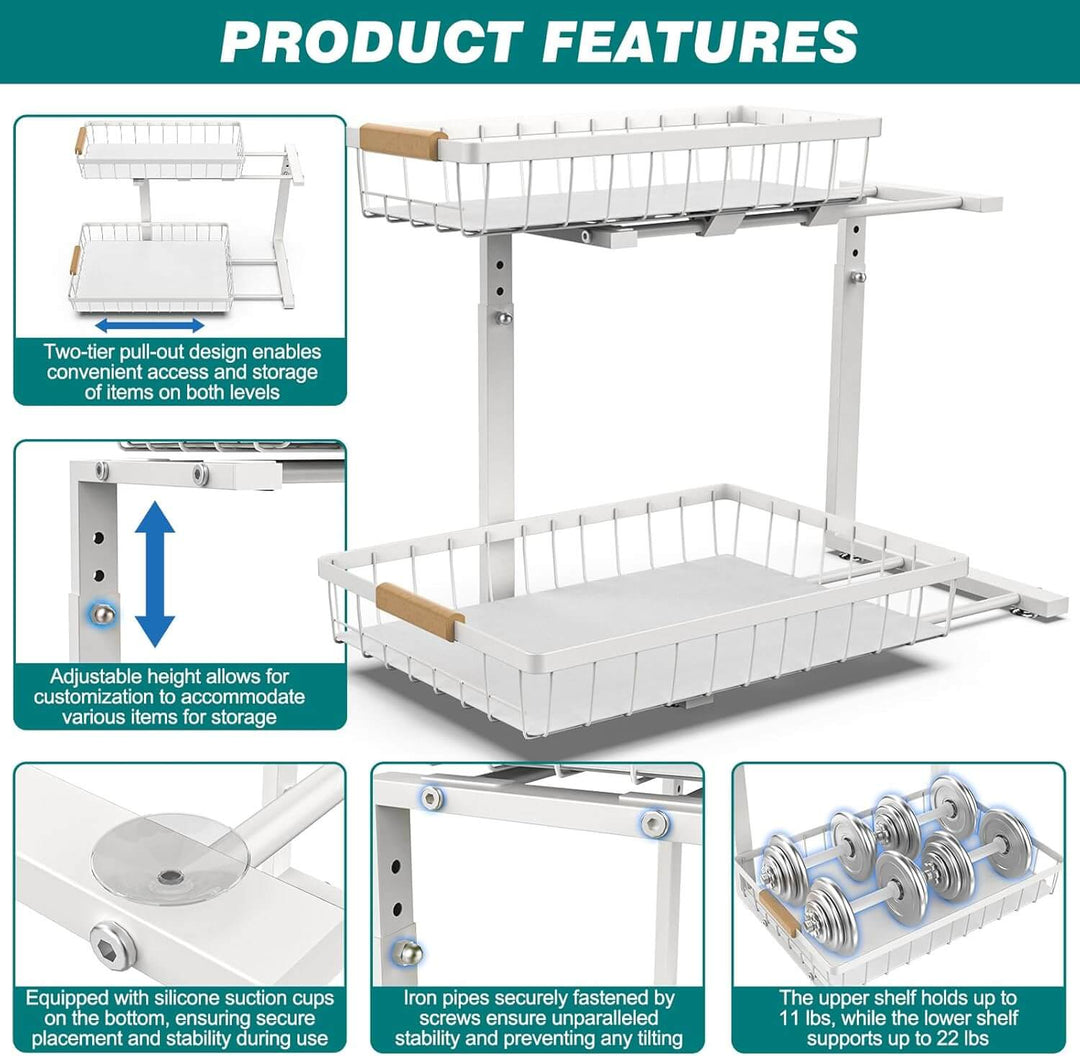 2-tier under sink organiser features adjustable height, sliding baskets, and silicone suction cups for stability.