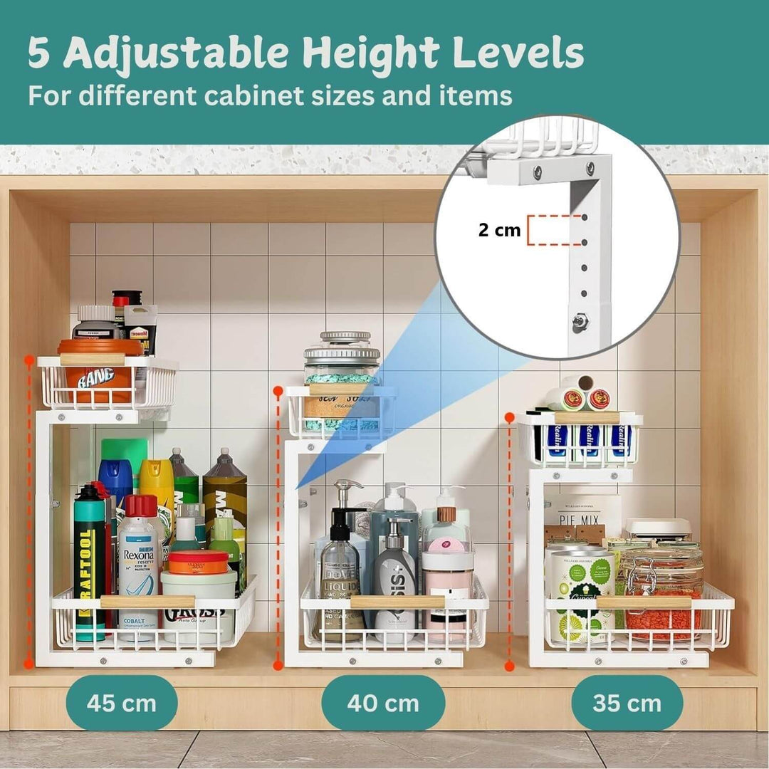 2-tier under sink organizer with adjustable height levels for efficient storage of kitchen items.