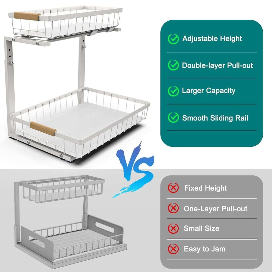 Comparison of adjustable 2-tier kitchen organizer vs fixed height one-layer organizer, highlighting storage benefits.