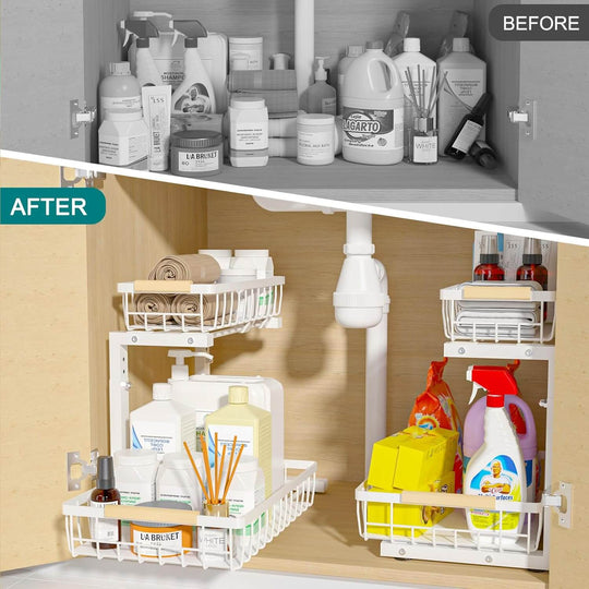 Before and after image of under sink storage organization using a 2-tier sliding basket system.