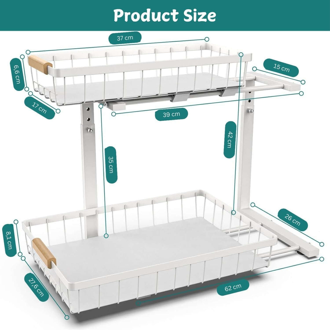 Product size illustration of a 2-tier kitchen under sink organizer with dimensions labeled.