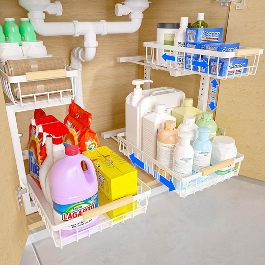 2-tier under sink organizer filled with cleaning supplies and bottles, featuring sliding baskets and efficient storage.