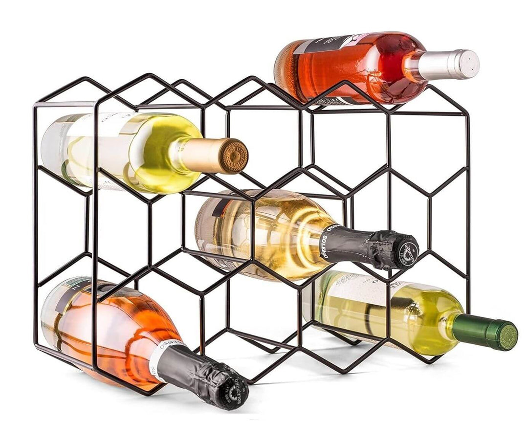 Stylish 14-bottle freestanding metal wine rack with sleek geometric design and matte black finish, perfect for any countertop.