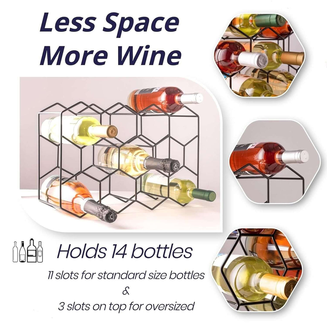 Modern freestanding metal wine rack holding 14 bottles, showcasing stylish geometric design for affordable wine storage solutions.