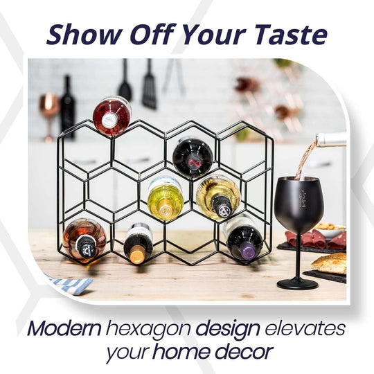 Modern hexagon wine rack displaying bottles, enhancing home decor with stylish affordability and quality design.