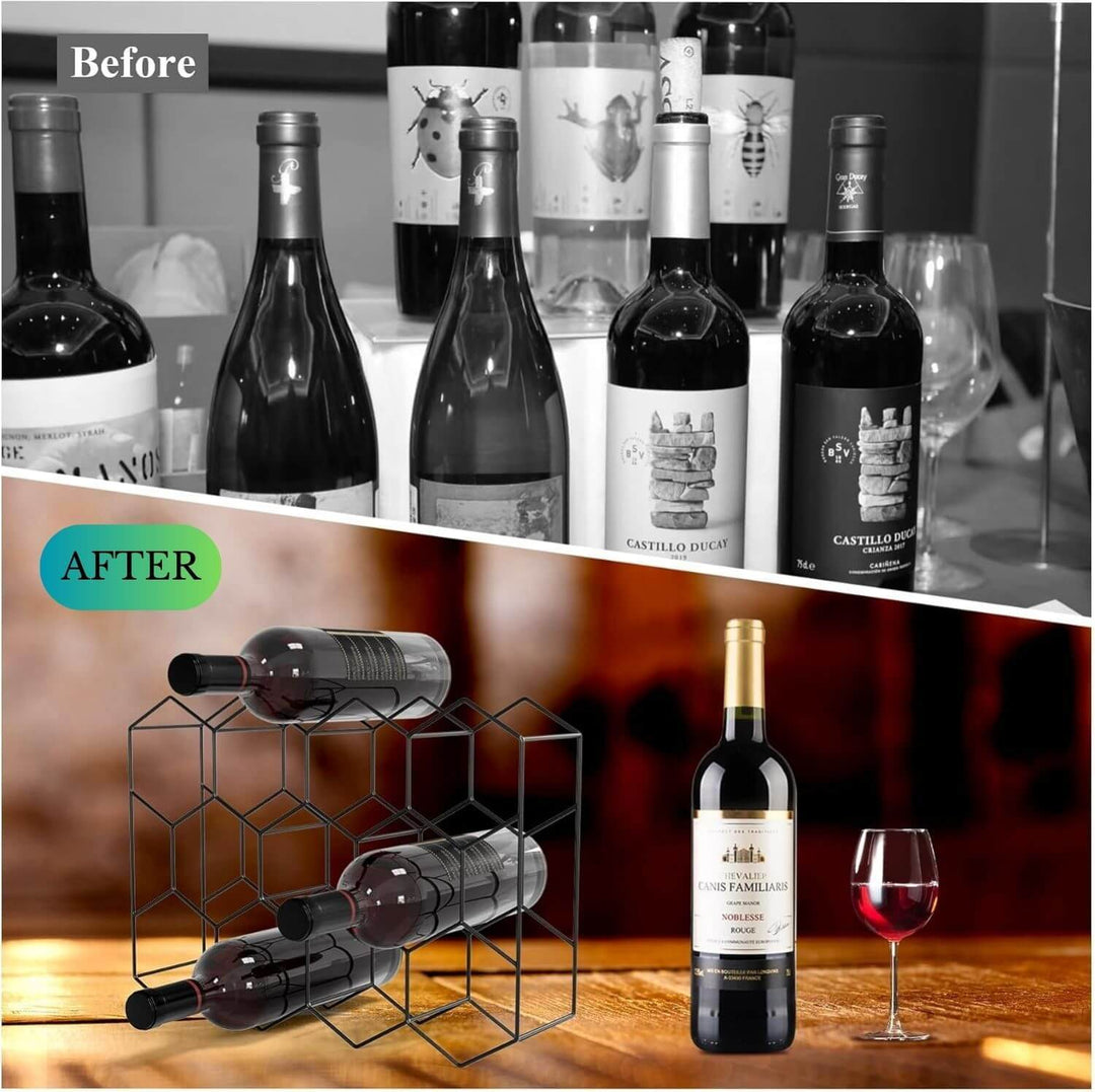 Before and after comparison showing wine bottles organized in a stylish 14-bottle metal countertop wine rack.