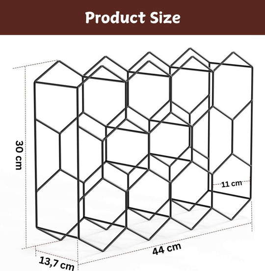 Product size dimensions of a modern metal countertop wine rack measuring 44 cm wide, 30 cm high, and 11 cm deep.