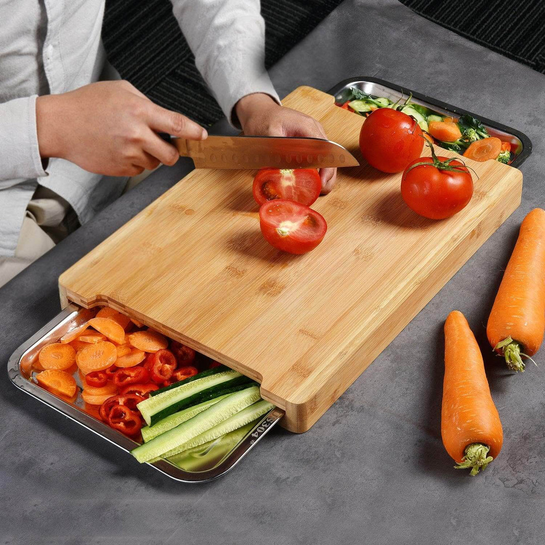 Eco-friendly bamboo chopping board with stainless steel trays, ideal for meal prep, quality design for DIY cooking.