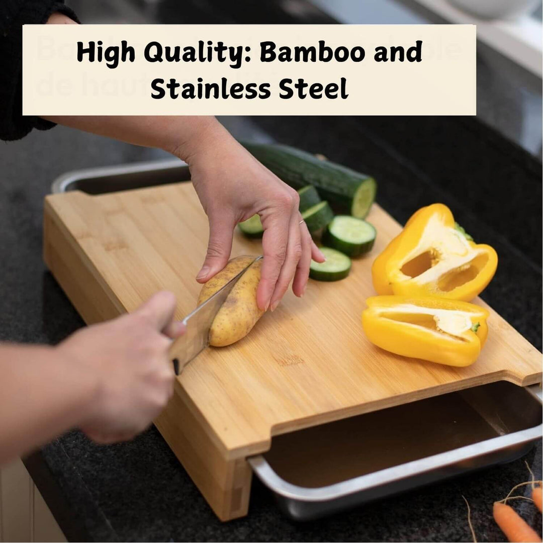 Person chopping vegetables on high quality bamboo board with stainless steel trays for convenient meal prep.