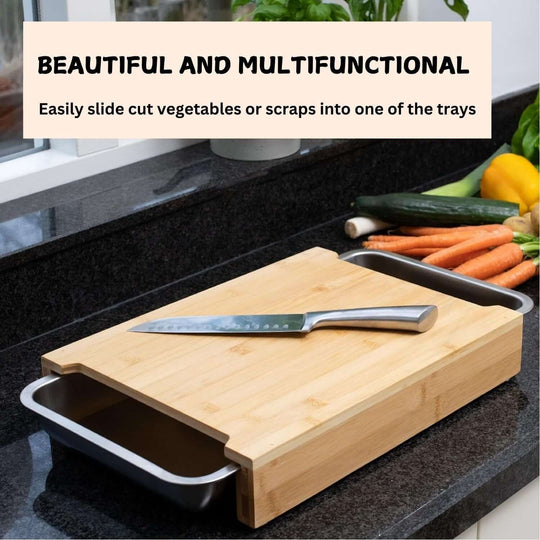 Eco-friendly bamboo chopping board with stainless steel trays for easy meal prep and organization.