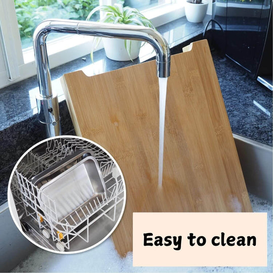 Bamboo chopping board with stainless steel tray under running water, highlighted as easy to clean.