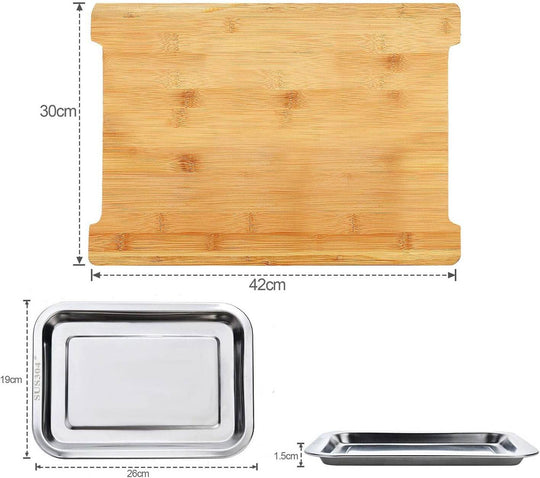 Bamboo chopping board with two stainless steel trays, ideal for DIY meal prep, affordable quality kitchen tool.