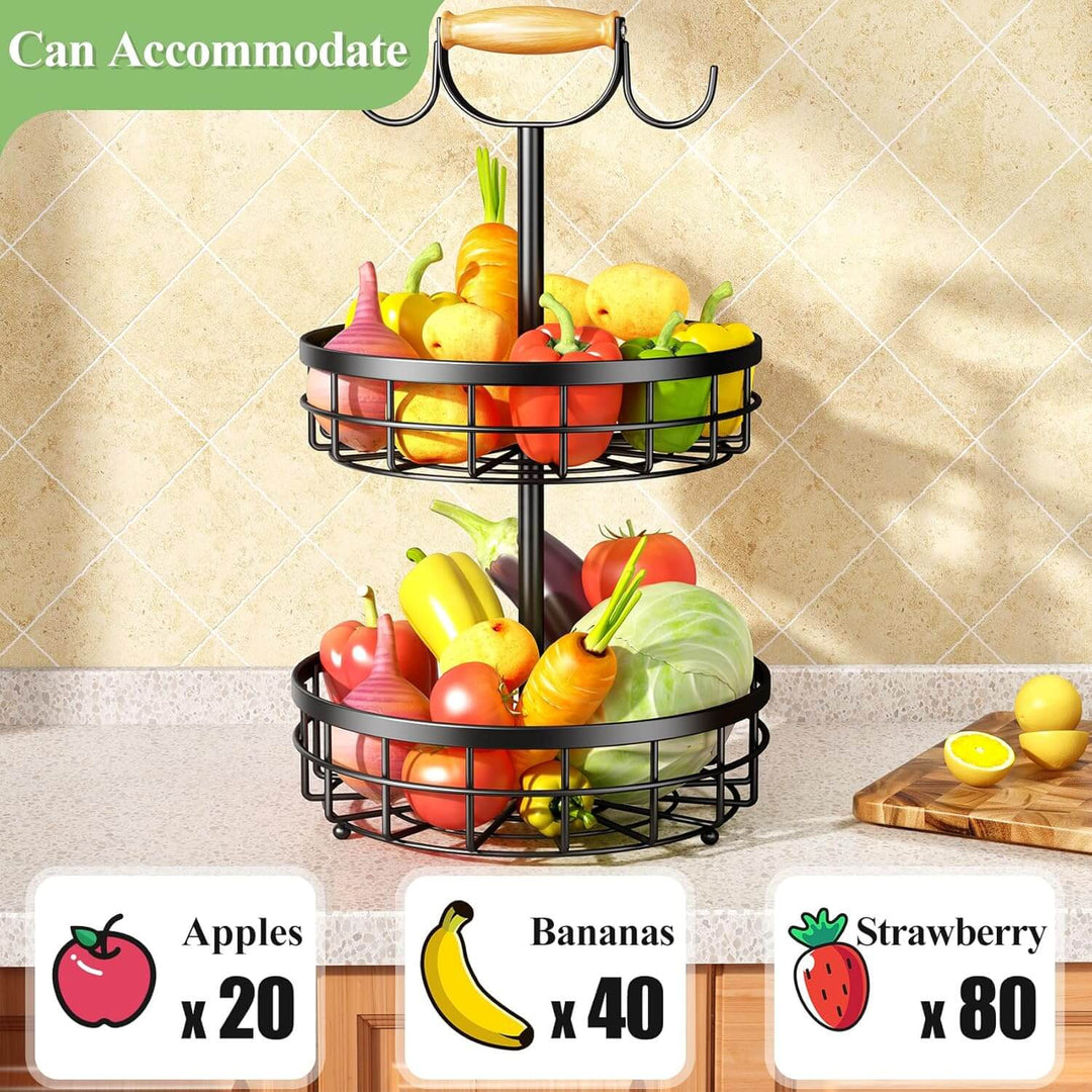 2-tier fruit basket with apples, bananas, and strawberries on kitchen countertop for organized storage