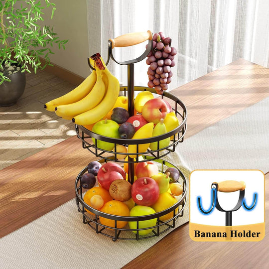 Affordable 2-tier fruit basket with wood handle and banana tree for kitchen countertop storage.