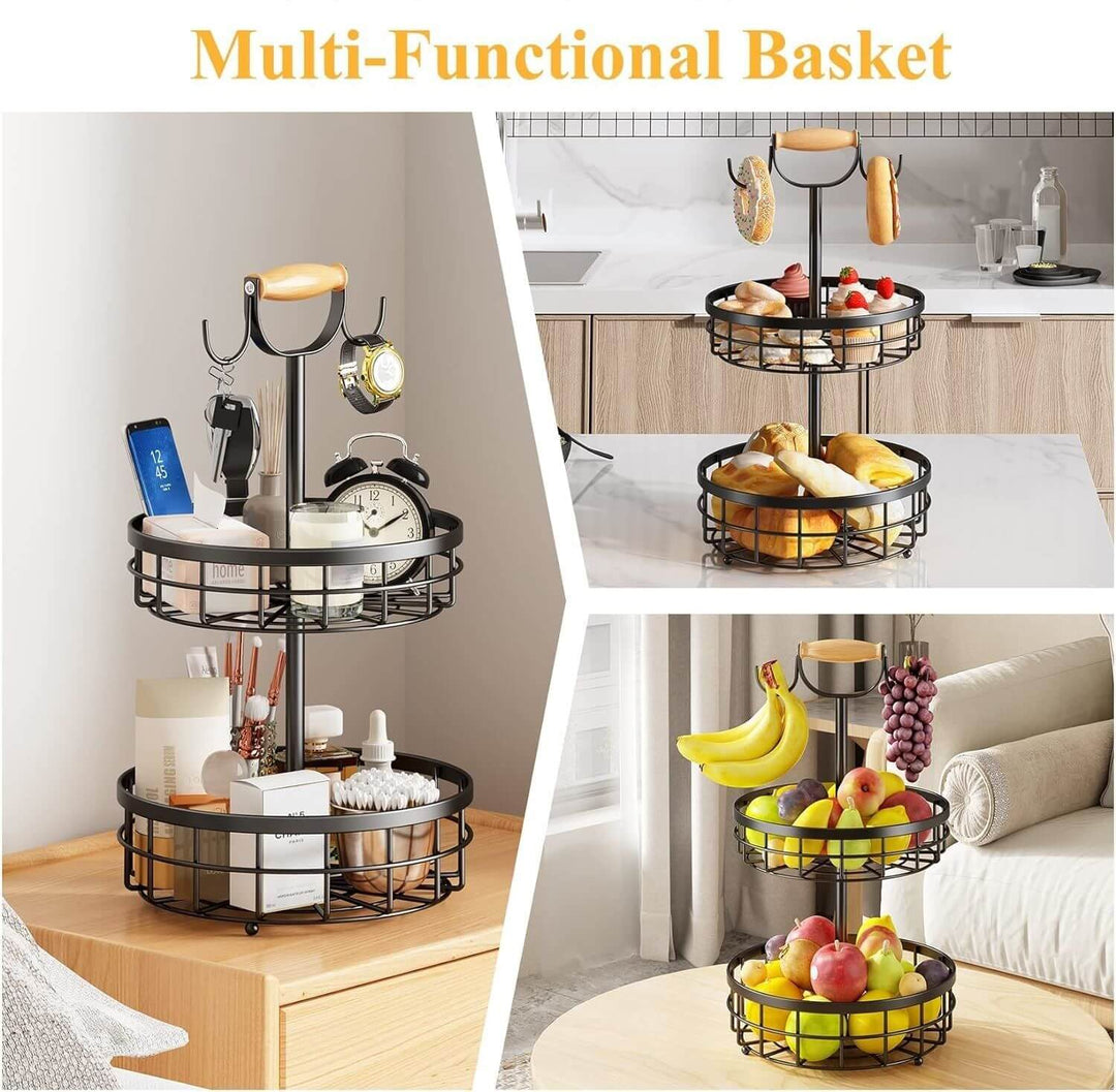 2-Tier multi-functional fruit basket with wood handle, ideal for kitchen storage of fruits, snacks, and household items.