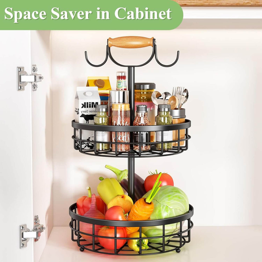 2-tier fruit basket with wood handle and dual hooks for organized kitchen storage, featuring fresh fruits and spices on shelves.