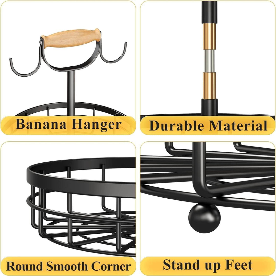 Close-up of 2-tier fruit basket features: banana hanger, durable material, round smooth corners, and stand-up feet.