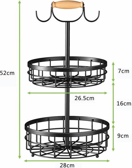 2-tier fruit basket bowl with wood lift handle and dual hanger, ideal for kitchen countertop organization.