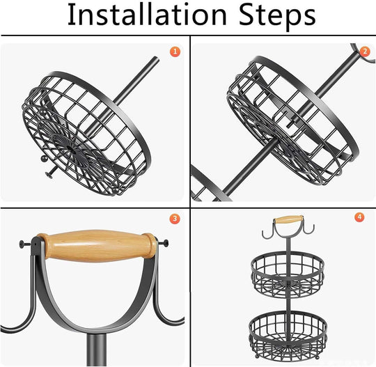 Installation steps for 2-tier fruit basket bowl with wood lift handle and dual banana tree hanger.