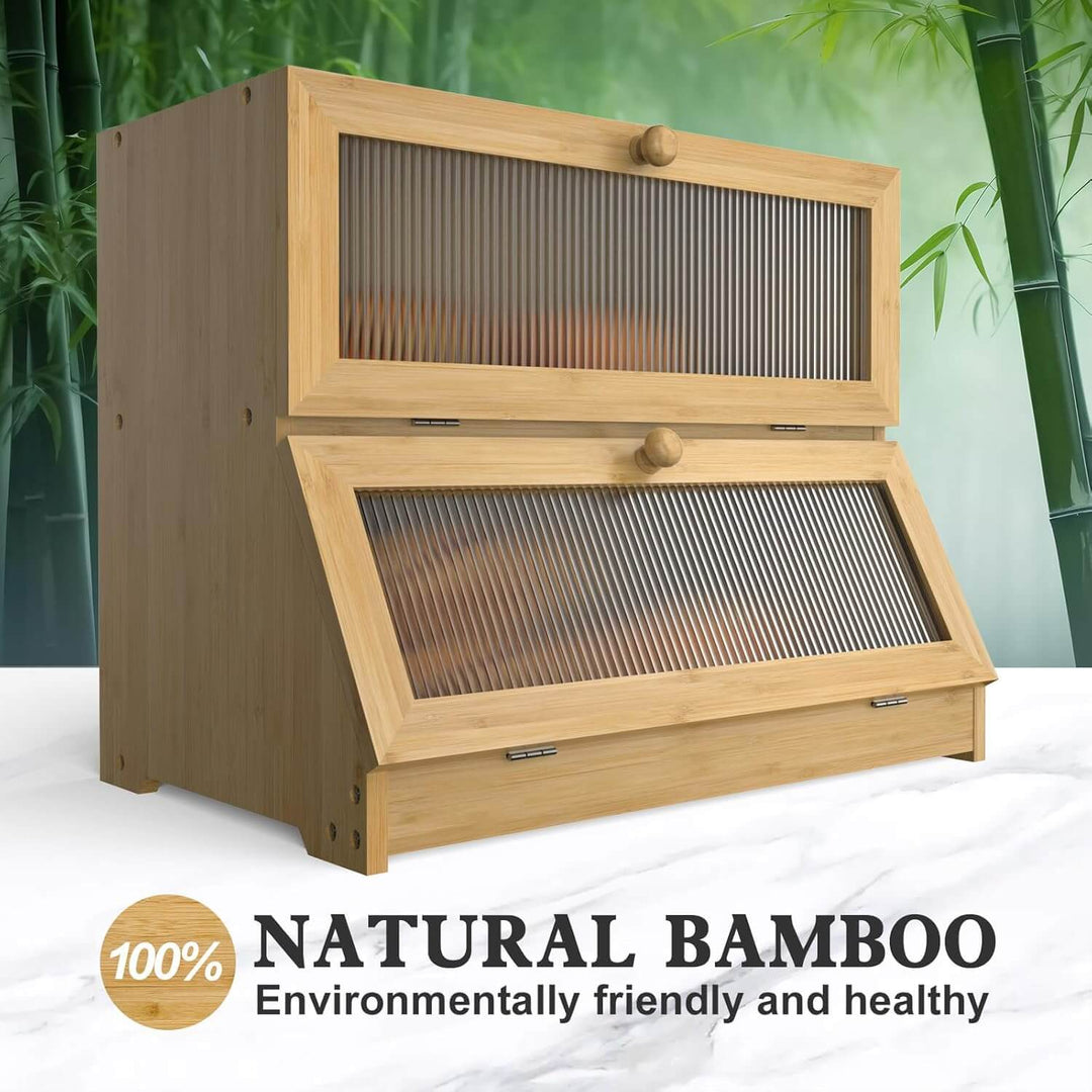 Double layer bamboo bread box with clear windows, eco-friendly storage for kitchen, large capacity, and stylish design.