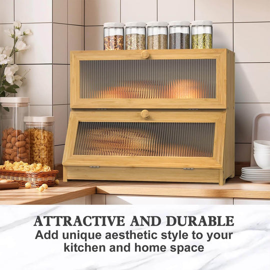 Double layer bamboo bread box with clear window, ideal for kitchen, offering spacious, affordable, and stylish storage.