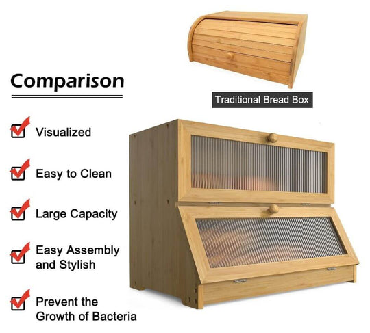 Comparison of double layer bamboo bread box and traditional bread box showcasing features and benefits.