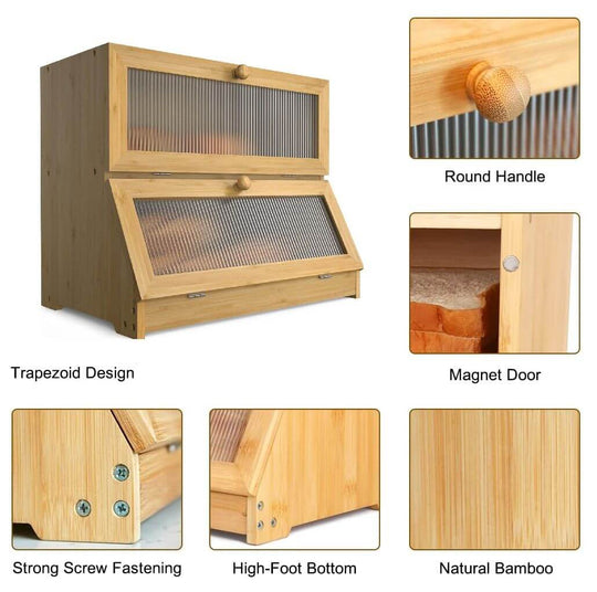 Double layer bamboo bread box with trapezoid design, transparent doors, and strong craftsmanship details.