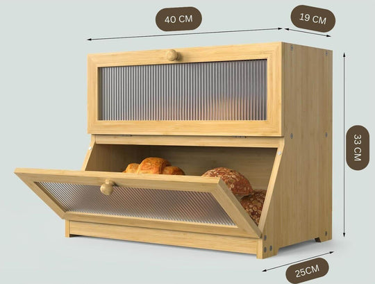 Double layer bamboo bread box with clear window, spacious design for kitchen counter storage, holding various baked goods.