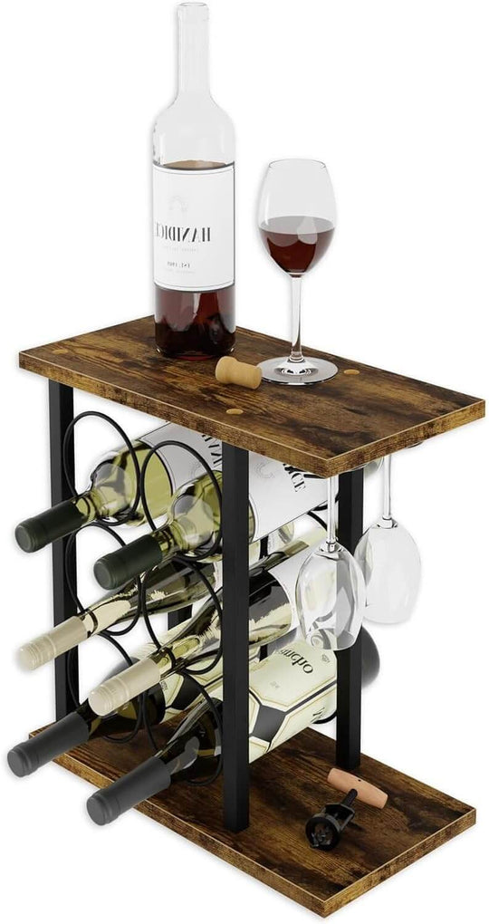 Stylish wooden and metal countertop wine rack holding 6 bottles and 2 glasses, perfect for affordable luxury decor.